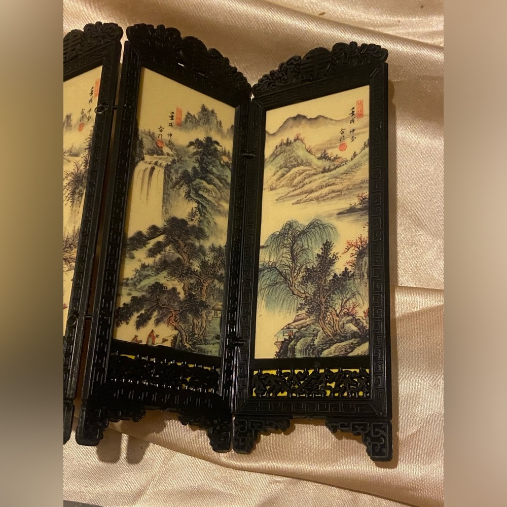 👑 Vintage Miniature Dollhouse Asian Folding Screen-Two Sided - Picture 4 of 9